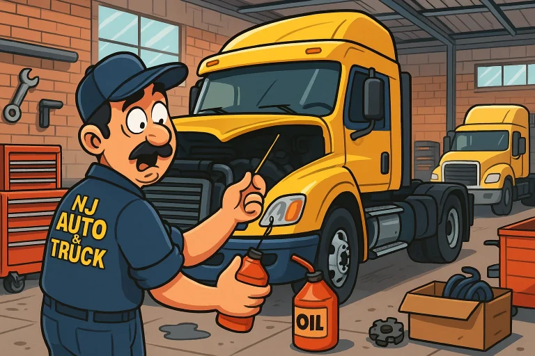 Mechanic cartoon illustration for blog on fleet fluid checks