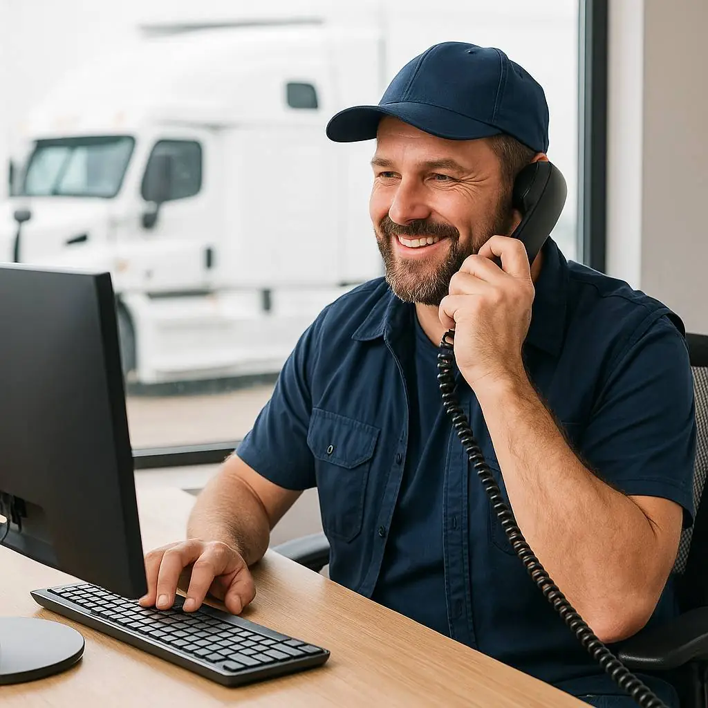 Smiling diesel mechanic Paterson NJ at desk using phone and computer at NJ Auto & Truck