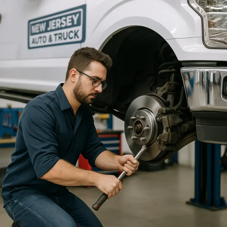 Mechanic working on front brake rotor and pads during service, part of the process for breaking in new brakes on a Ford pickup at New Jersey Auto & Truck in Paterson, NJ