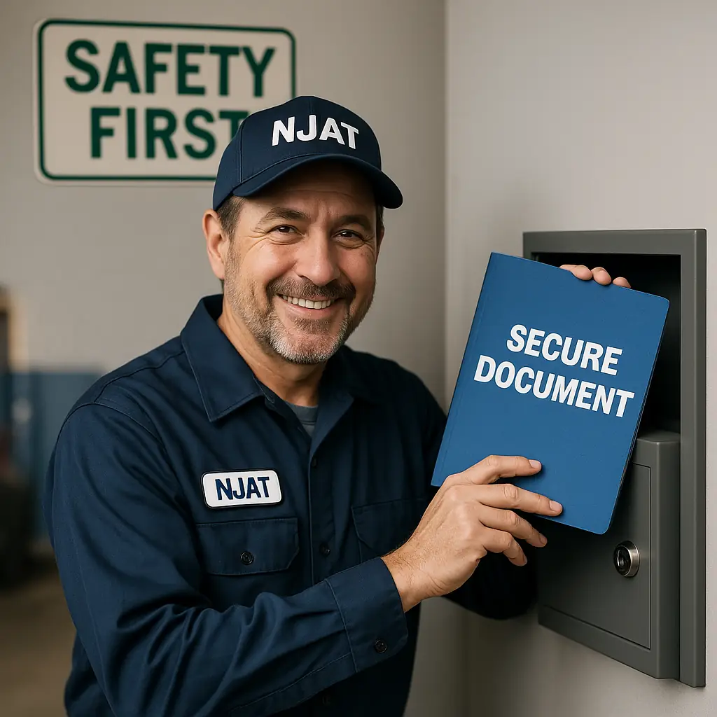 Mechanic securing documents for privacy policy NJ Auto & Truck in Paterson shop