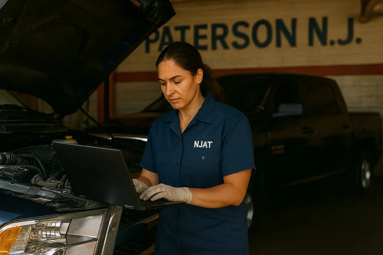 Female diesel technician diagnosing a Duramax pickup truck at New Jersey Auto & Truck in Paterson, NJ, using a laptop under the hood.