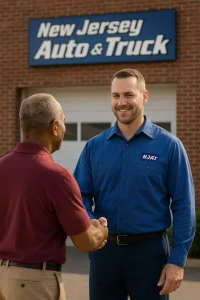 Service advisor at New Jersey Auto & Truck shaking hands with customer outside Paterson repair shop