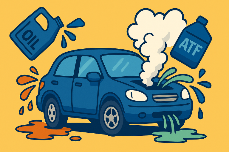 Illustration showing overfilled automotive fluids — oil, coolant, power steering, and transmission — with the headline 'Too Much of a Good Thing: Why Overfilling Your Fluids Can Wreck Your Ride